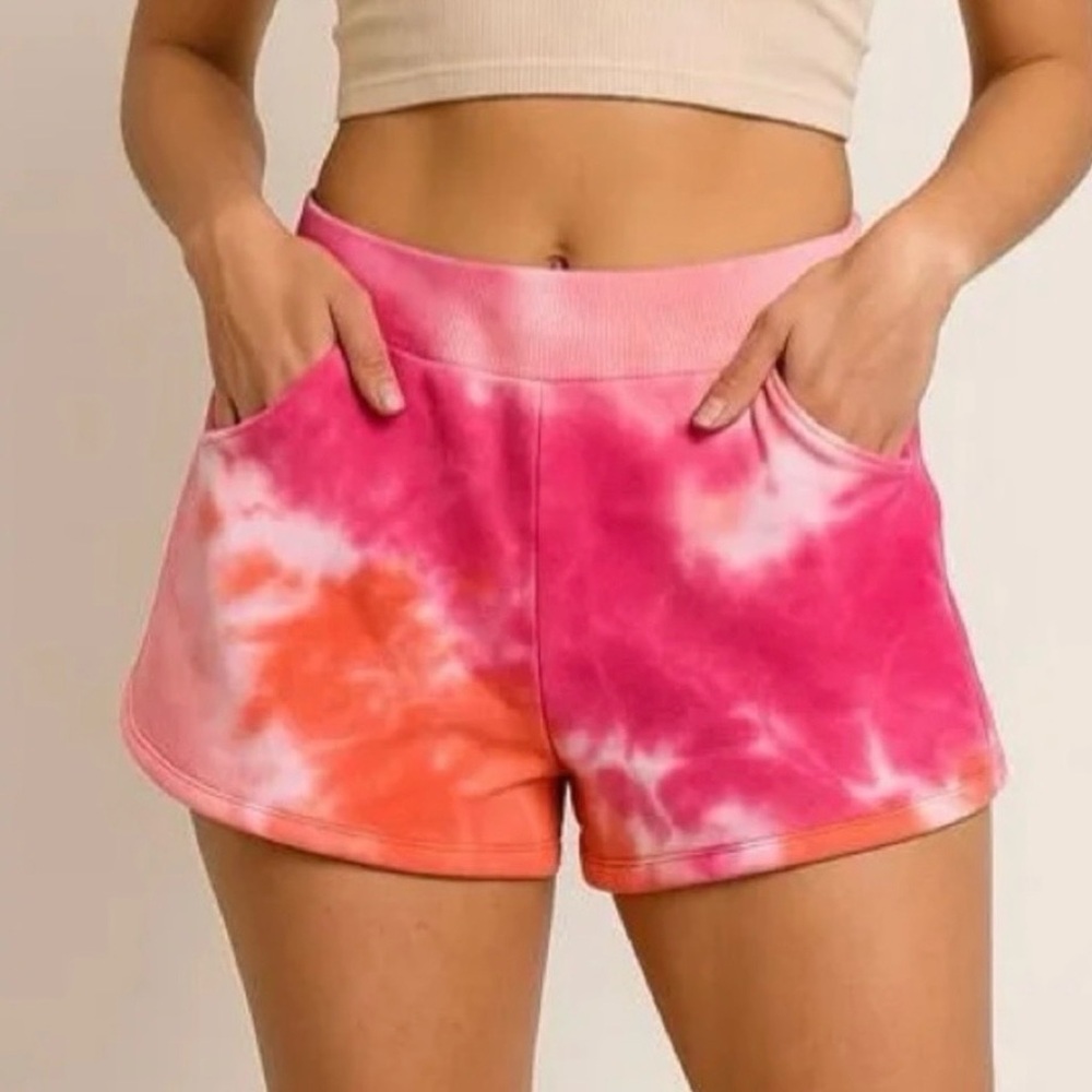 Retro-Inspired French Terry Coal Multi Tie Dye Dolphin Shorts with Pockets NWT